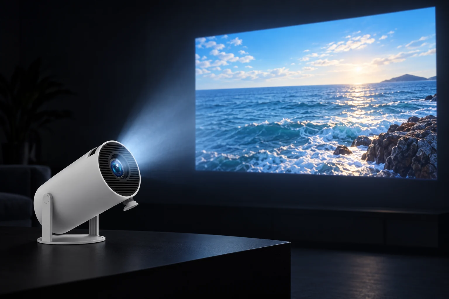 Proyector portátil VELA proyectando un paisaje en la pared de un cuarto oscuro