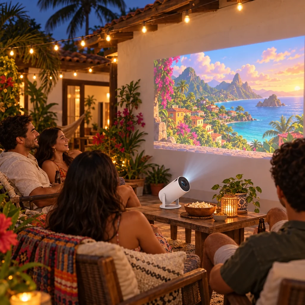 Personas viendo una película proyectada en la pared de un patio de noche