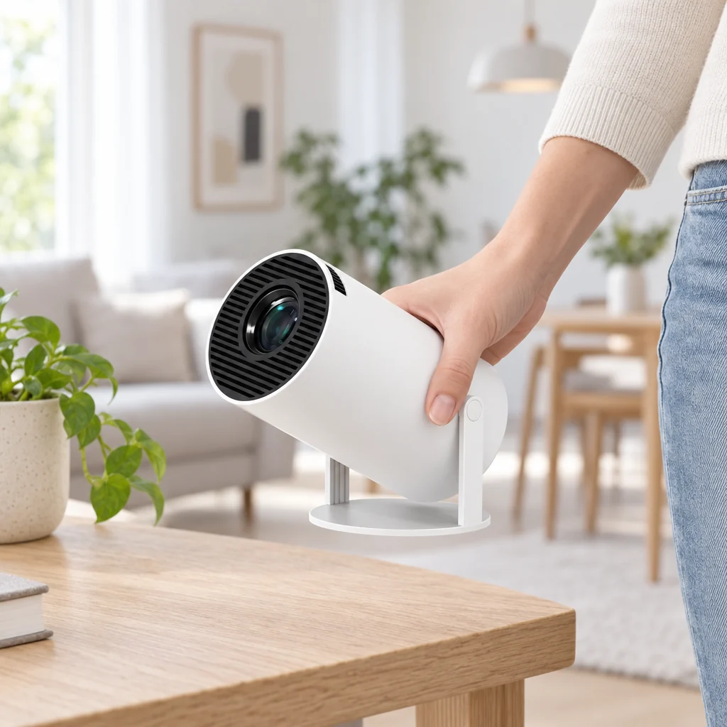 Mano sosteniendo el proyector portátil VELA en una sala
