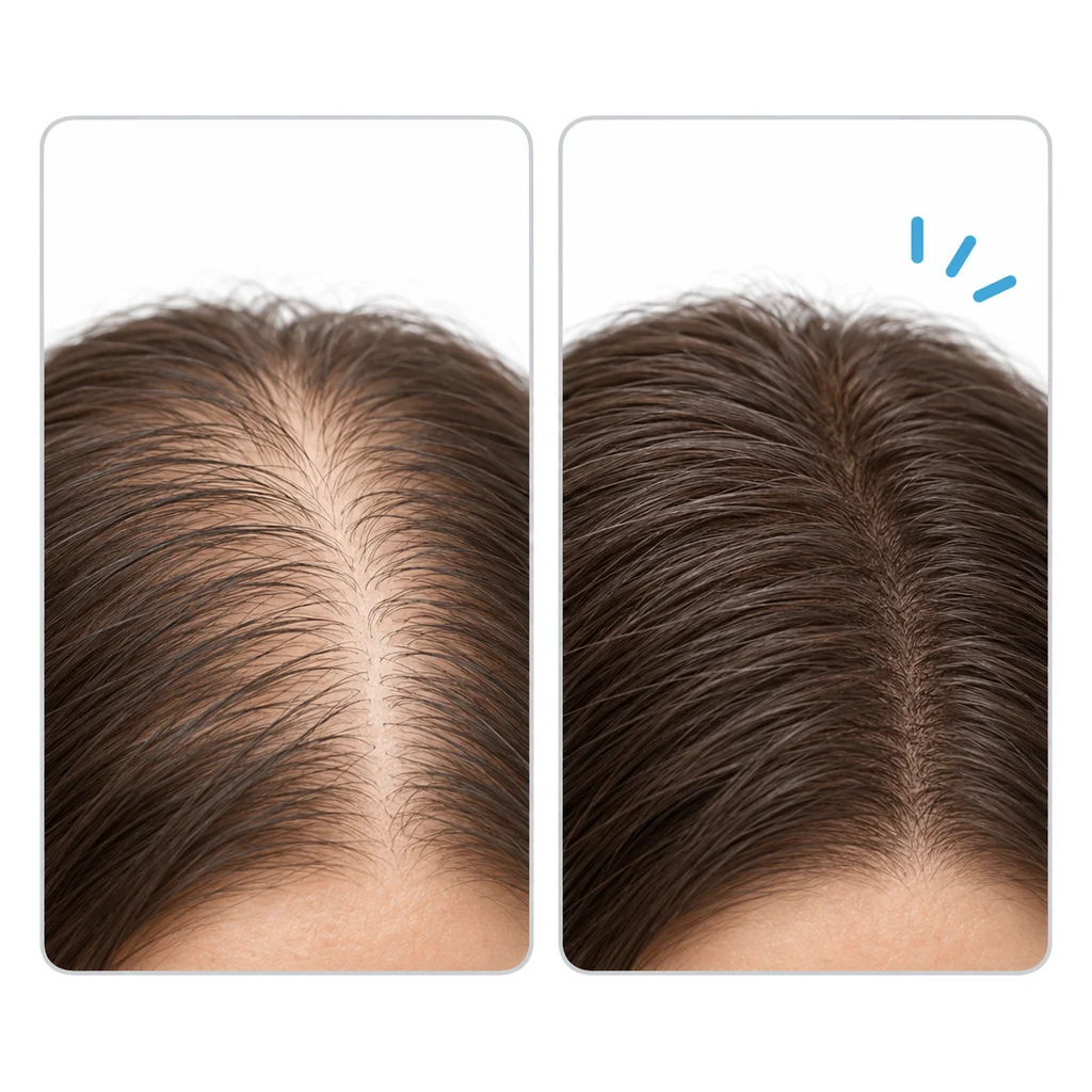 Comparación antes y después de fibras capilares en la raya del cabello