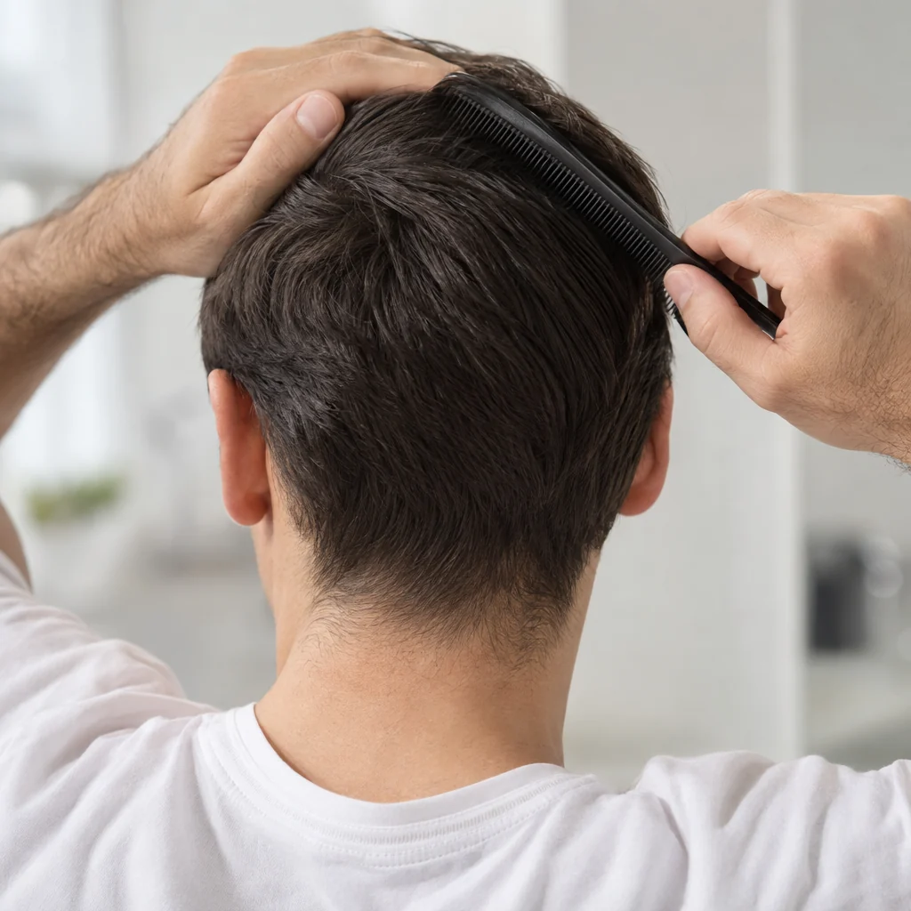 Hombre peinando su cabello antes de aplicar las fibras capilares VELA