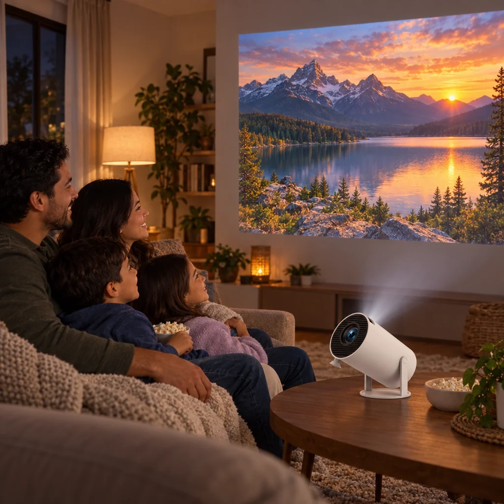 Familia viendo una película proyectada en la pared de la sala