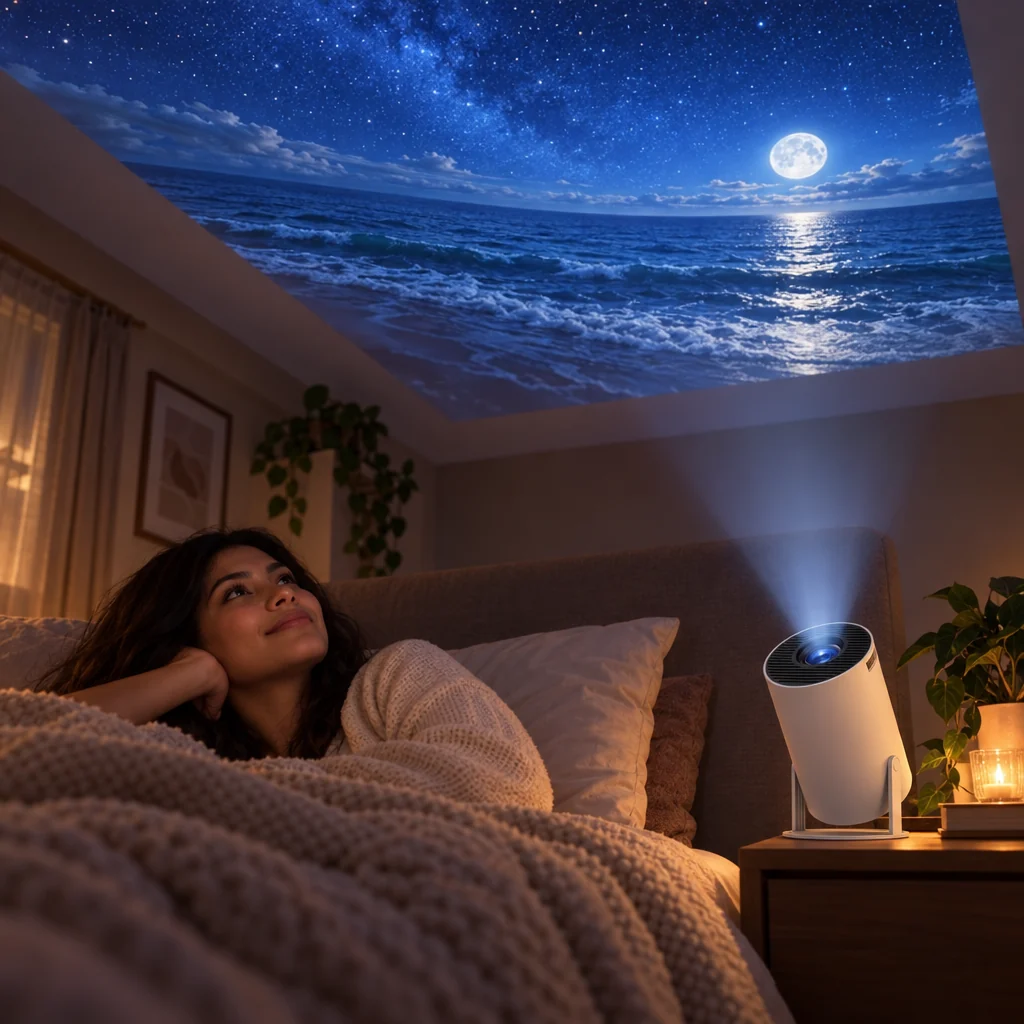 Mujer acostada viendo una imagen proyectada en el techo del cuarto