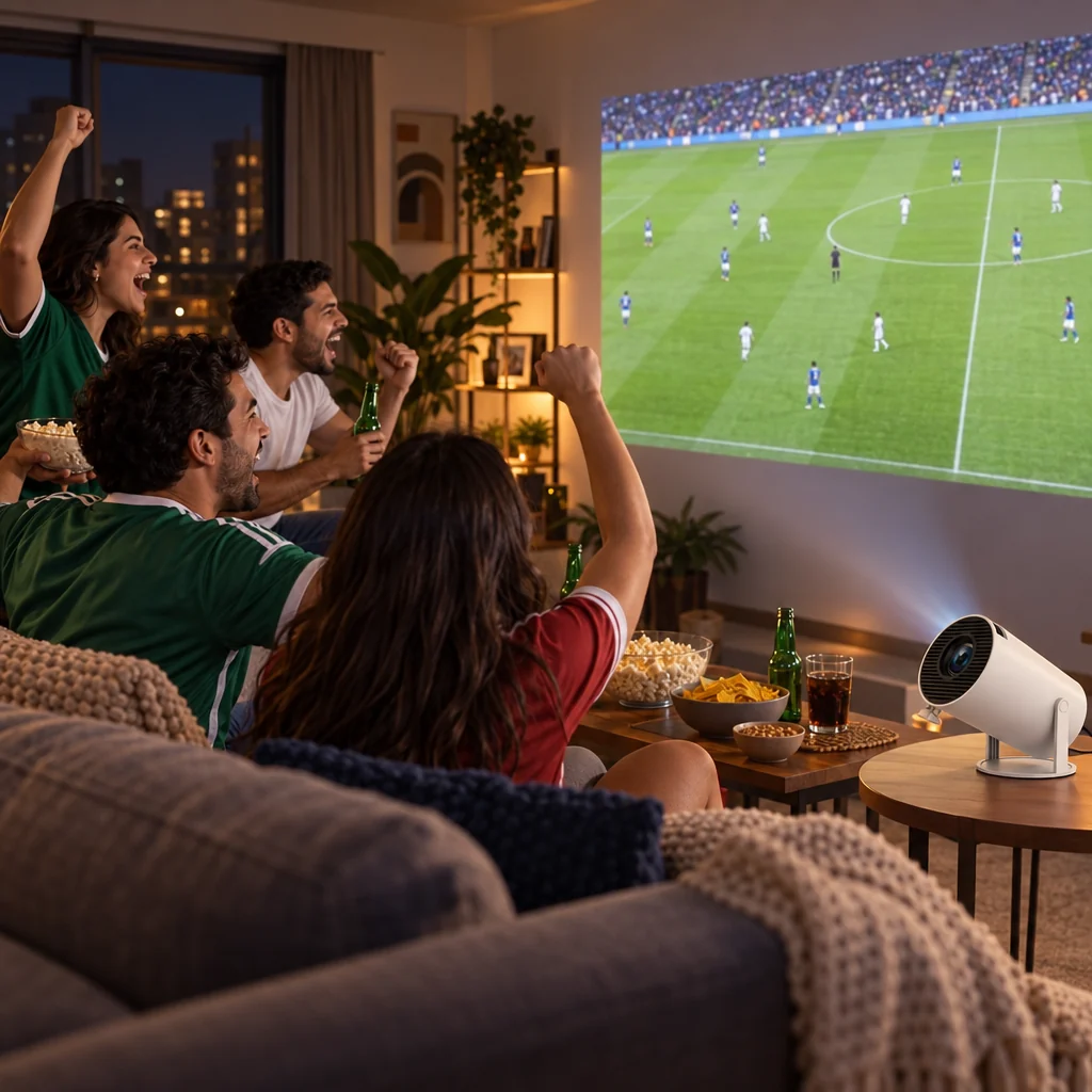 Amigos celebrando un partido de fútbol proyectado en la pared