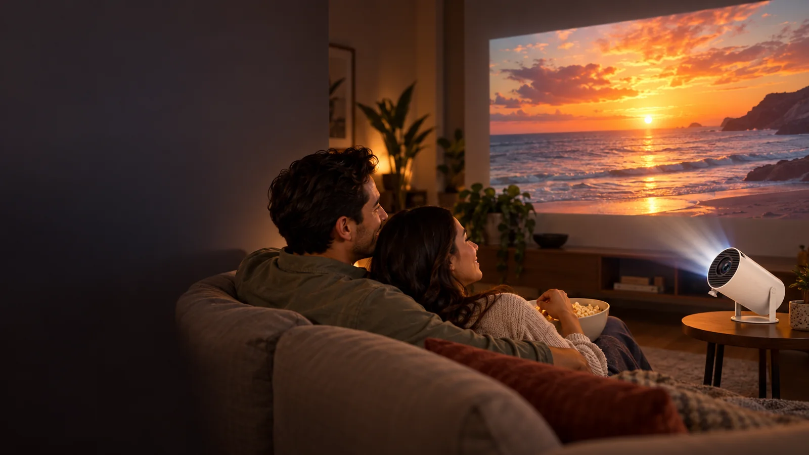 Pareja viendo una película proyectada en la pared de su sala de noche