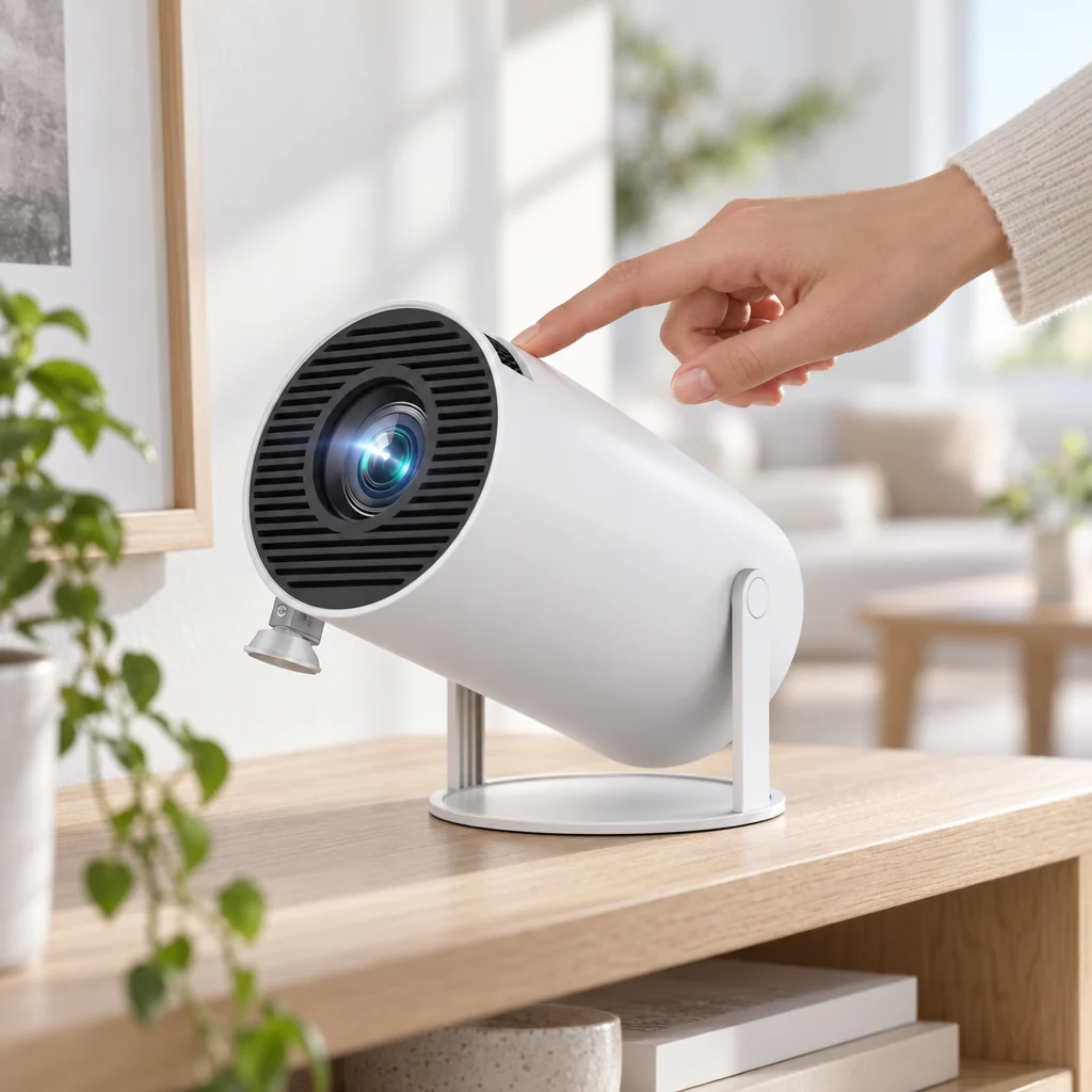 Mano encendiendo el proyector portátil VELA sobre un mueble