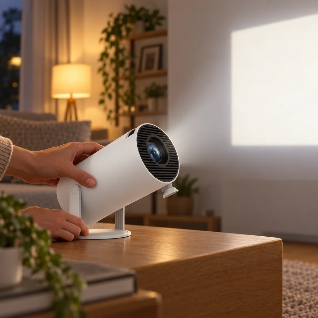 Manos girando el proyector portátil VELA hacia la pared