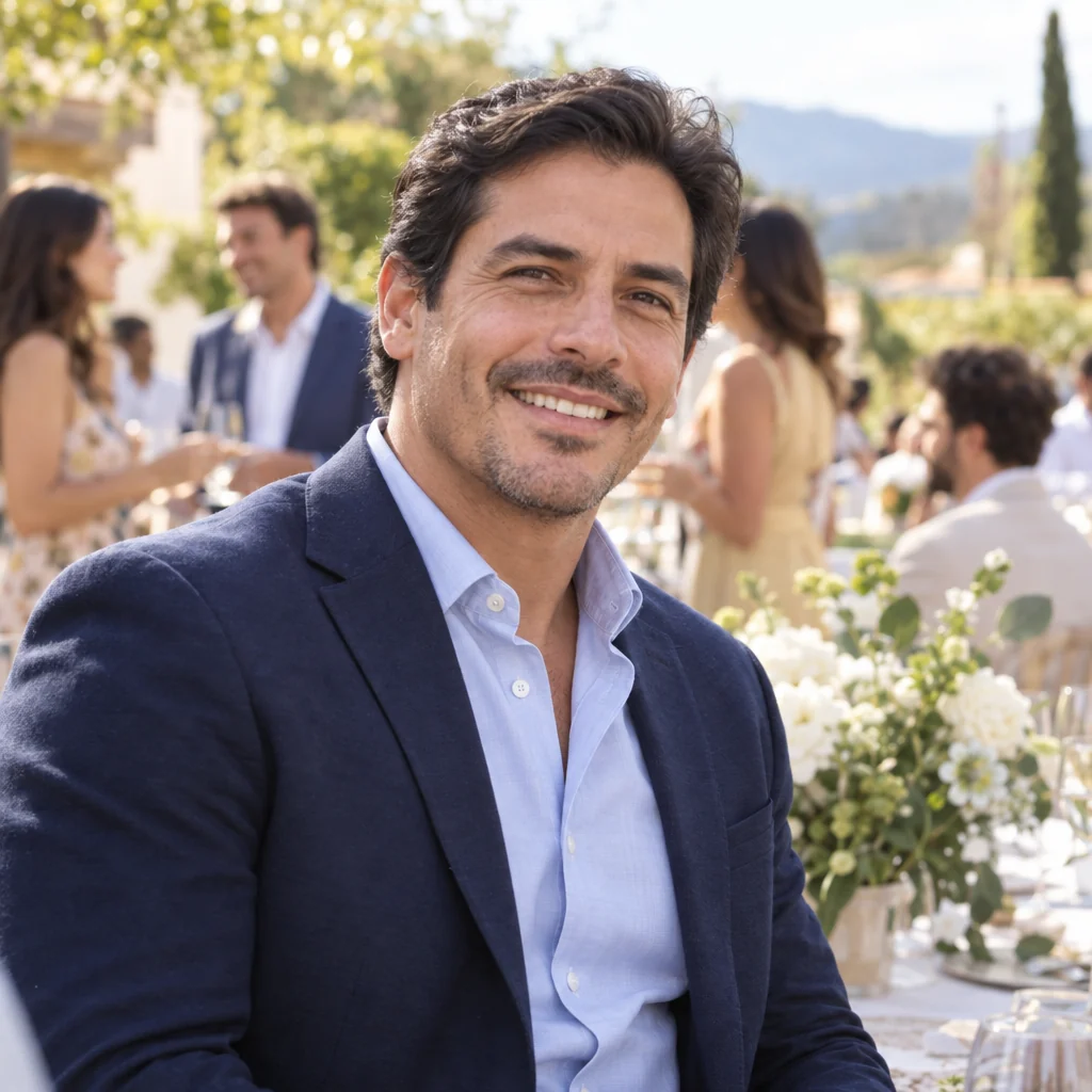 Hombre con cabello de aspecto denso en un evento social