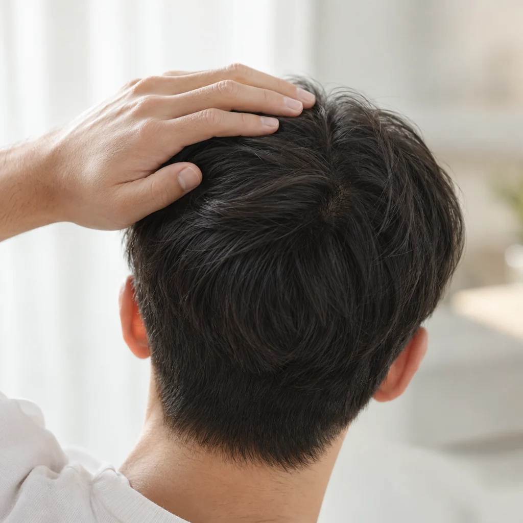 Hombre dando toques suaves en el cabello para fijar las fibras capilares